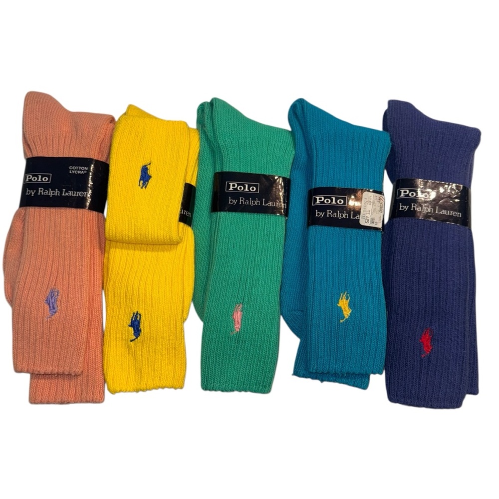 Vtg NOS Polo Ralph Lauren Crew Socks Lot Mens Teal Ribbed Pony Logo 5 Pair Multi - Picture 9 of 10